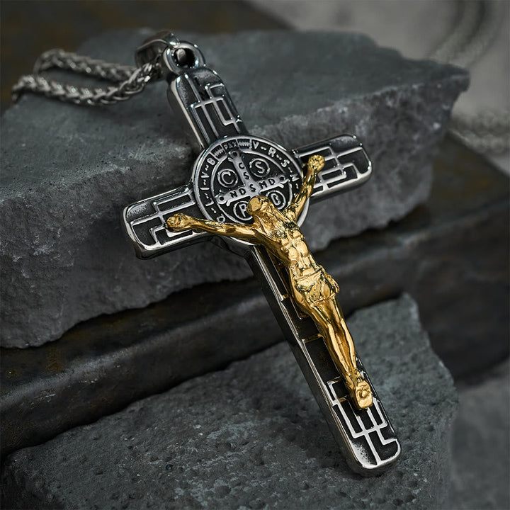 Christianartworkshop Classic Retro Style Crucifix St. Benedict Medal Protection Pendant Necklace