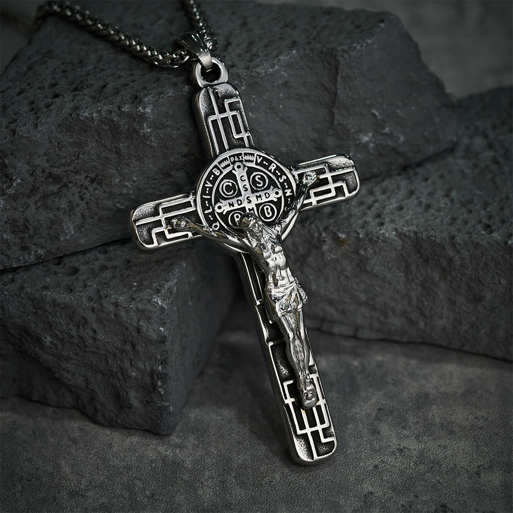 Christianartworkshop Classic Retro Style Crucifix St. Benedict Medal Protection Pendant Necklace