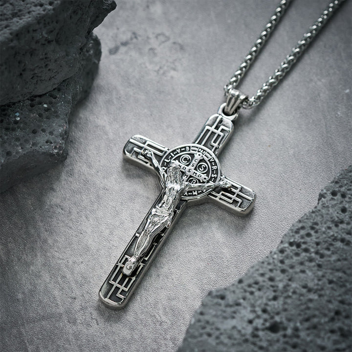 Christianartworkshop Classic Retro Style Crucifix St. Benedict Medal Protection Pendant Necklace