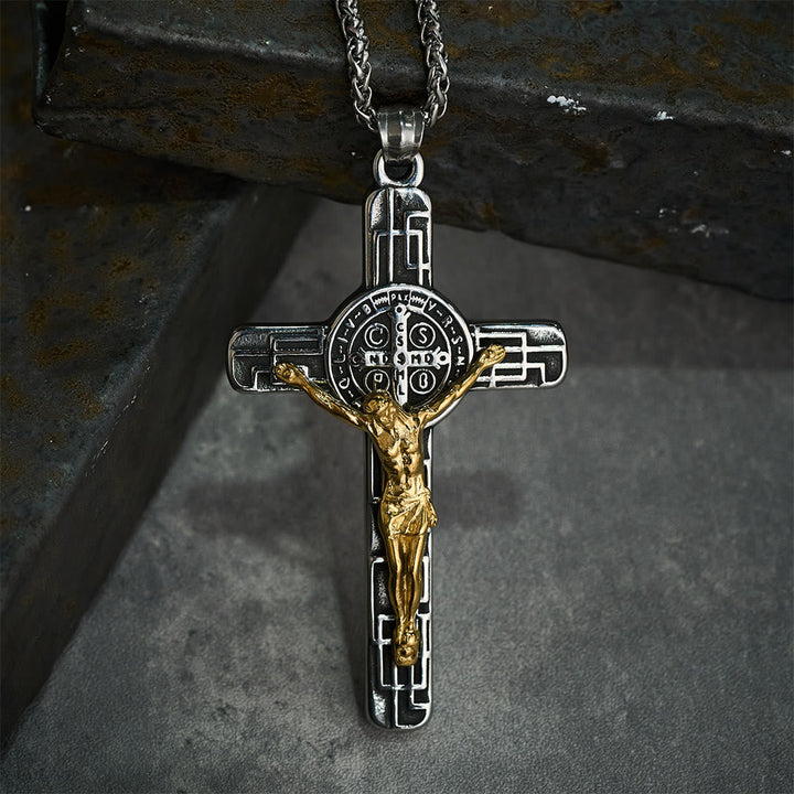 Christianartworkshop Classic Retro Style Crucifix St. Benedict Medal Protection Pendant Necklace