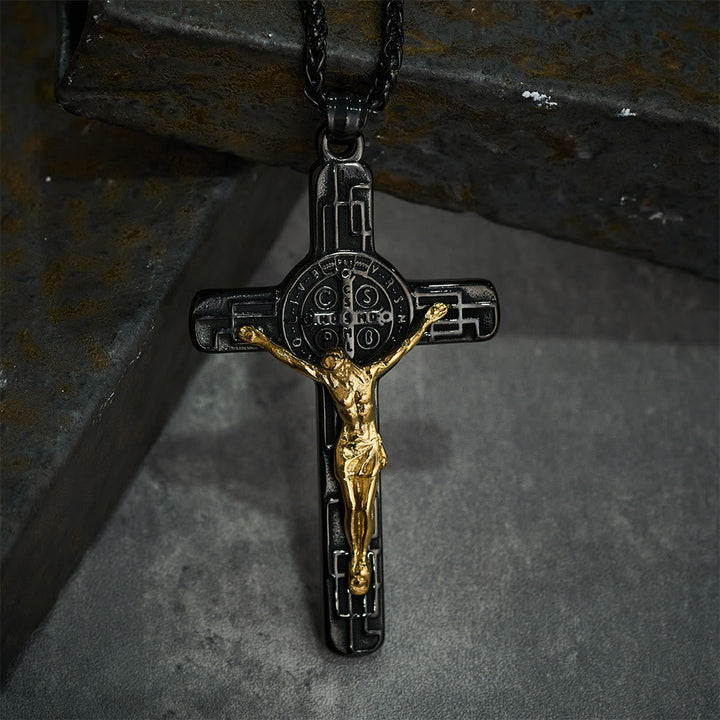 Christianartworkshop Classic Retro Style Crucifix St. Benedict Medal Protection Pendant Necklace