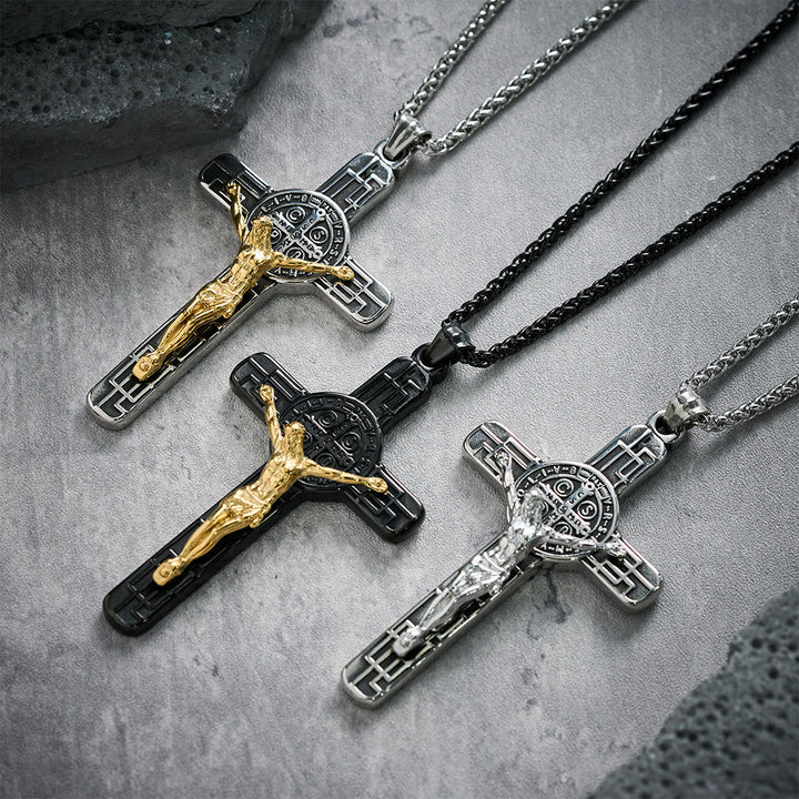 Christianartworkshop Classic Retro Style Crucifix St. Benedict Medal Protection Pendant Necklace