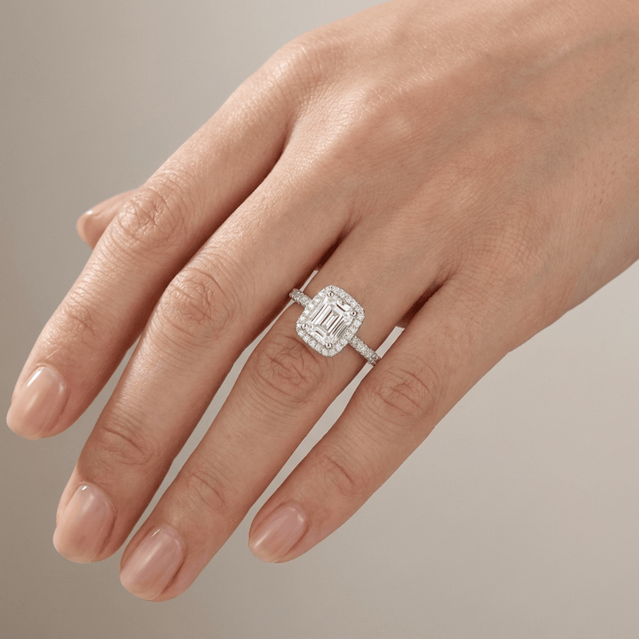 EMERALD CUT ZIRCONIA SILVER HALO RING
