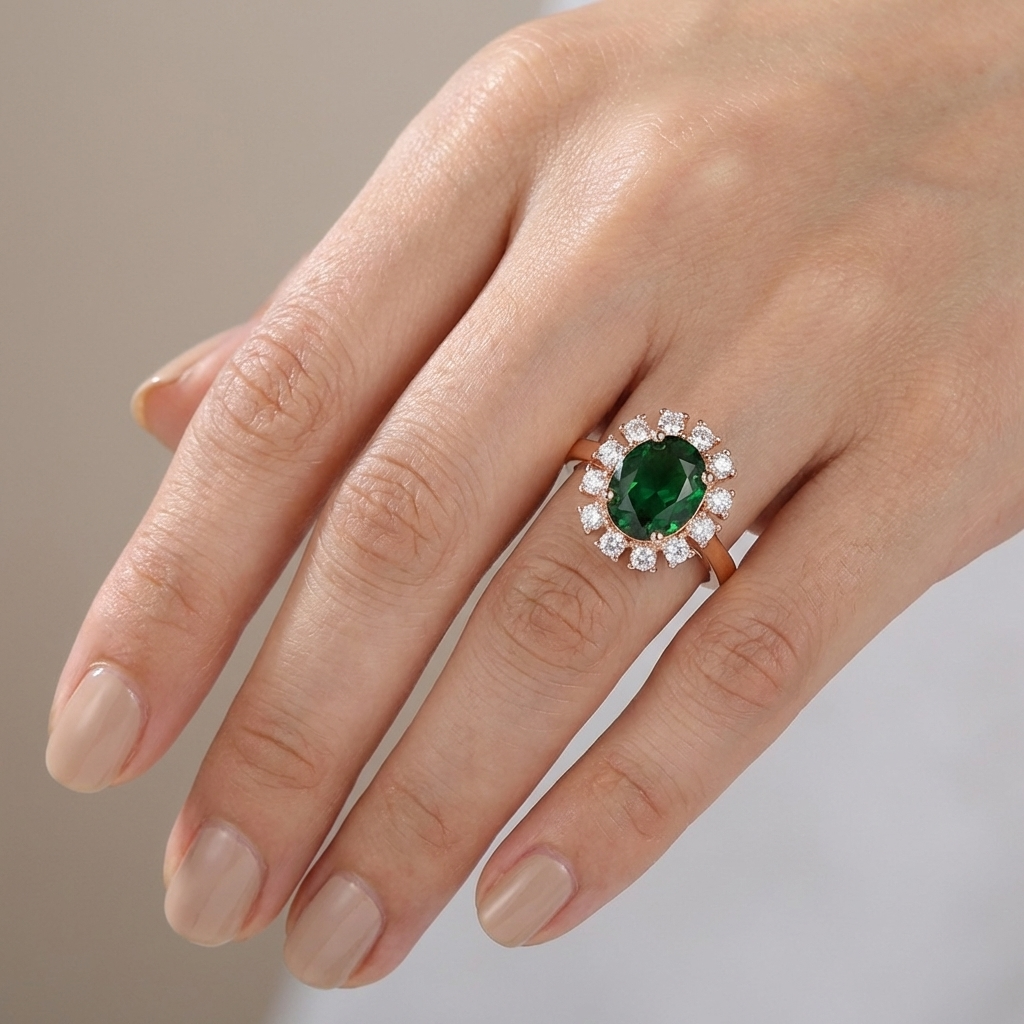 ROSE GOLD EMERALD DIAMOND HALO RING - (ADJUSTABLE)
