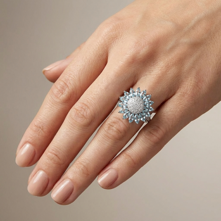 SILVER BLUE TOPAZ FLOWER RING