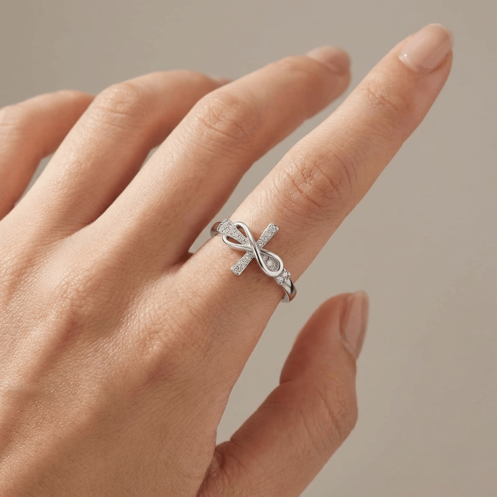 TIE & CROSS SILVER RING WITH ZIRCONS - (ADJUSTABLE)