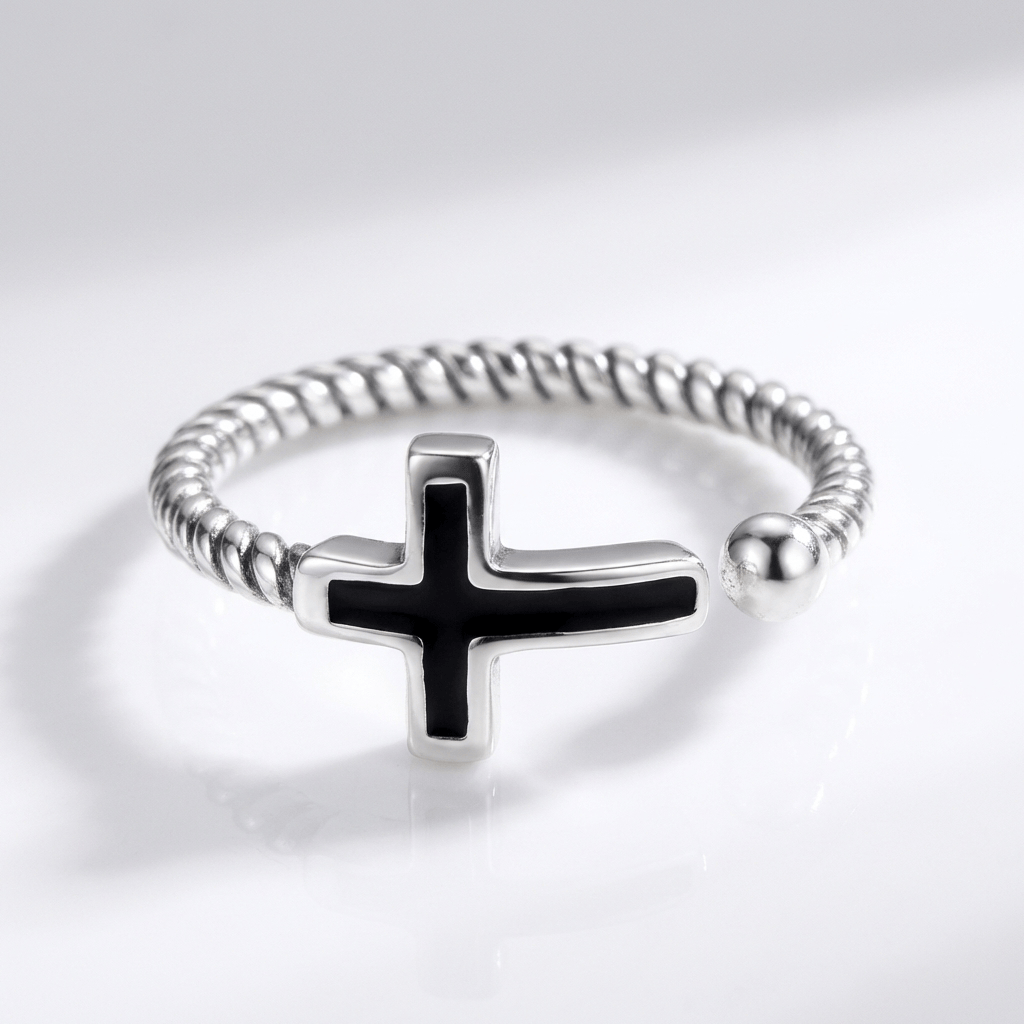 BLESSED BLACK CROSS RING - (ADJUSTABLE)