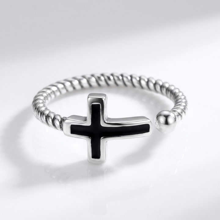 BLESSED BLACK CROSS RING - (ADJUSTABLE)