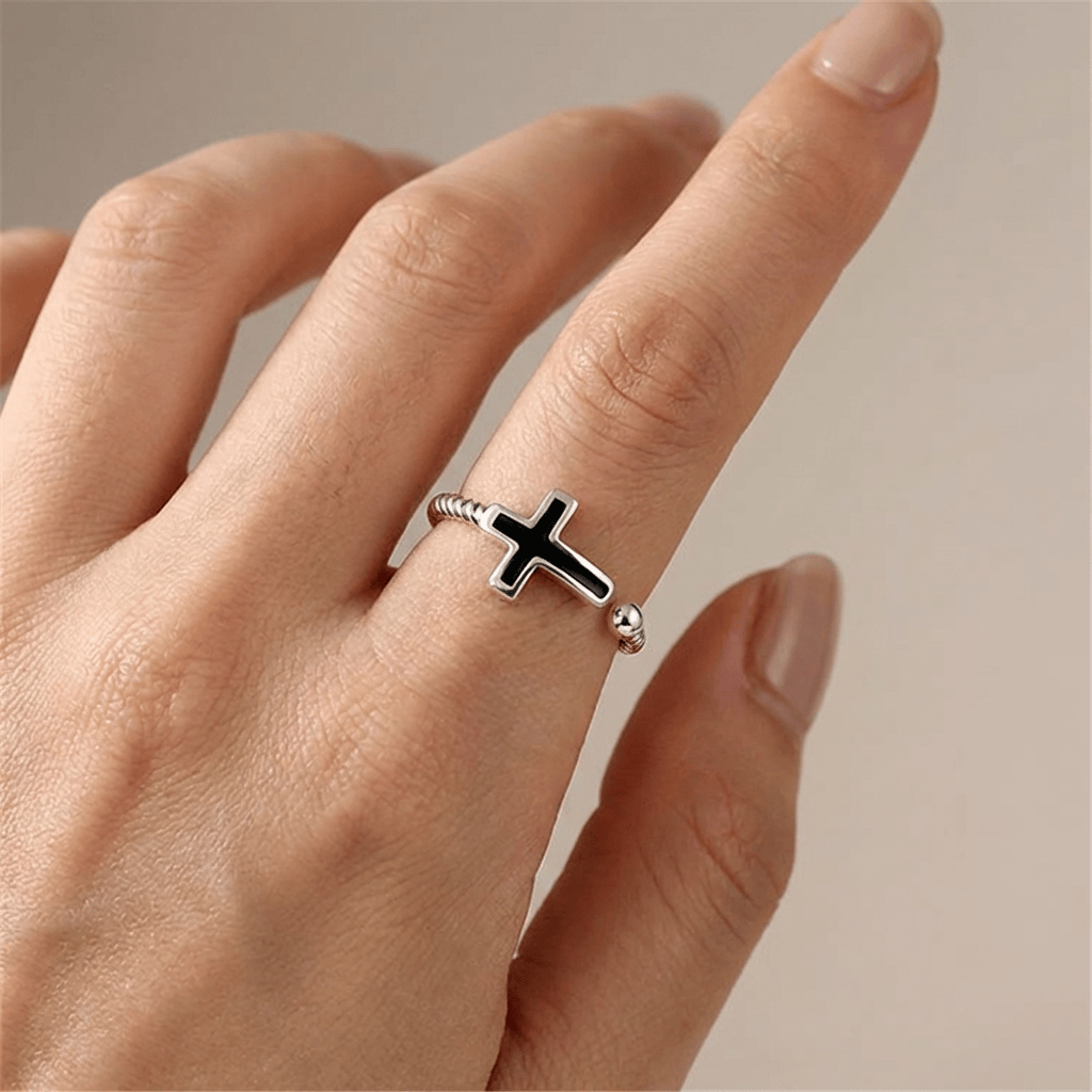 BLESSED BLACK CROSS RING - (ADJUSTABLE)