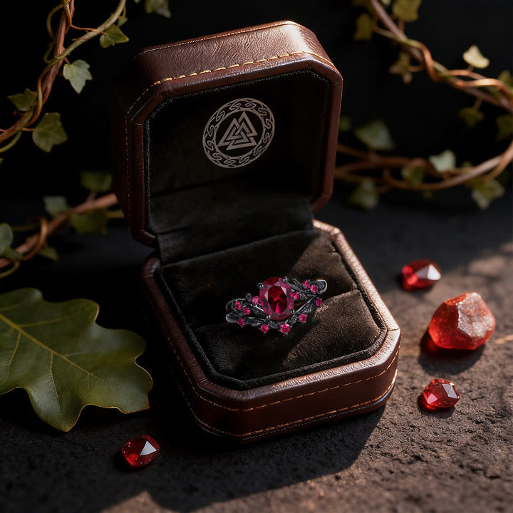 Dark Romance Ruby Black Leaf Ring Set