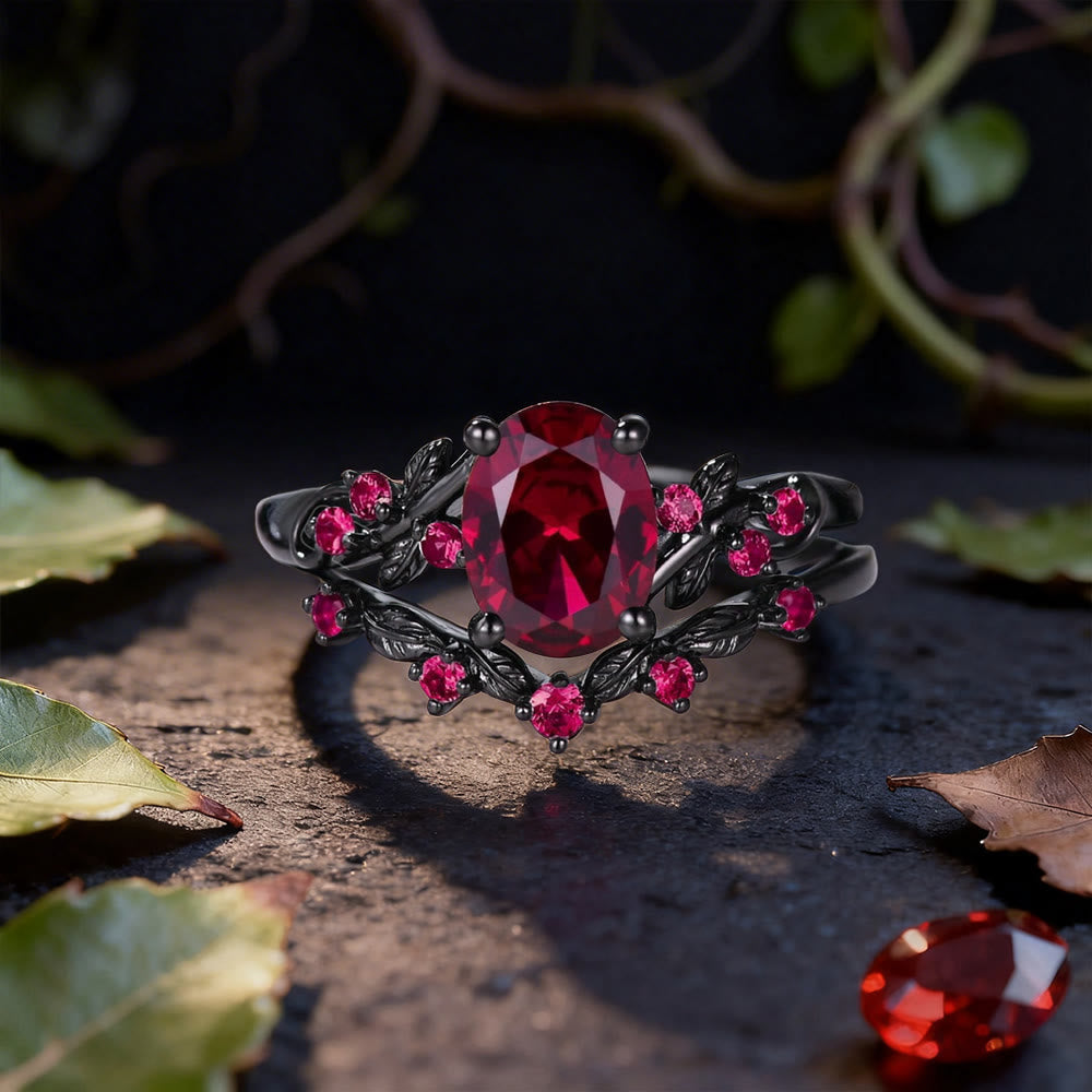 Dark Romance Ruby Black Leaf Ring Set