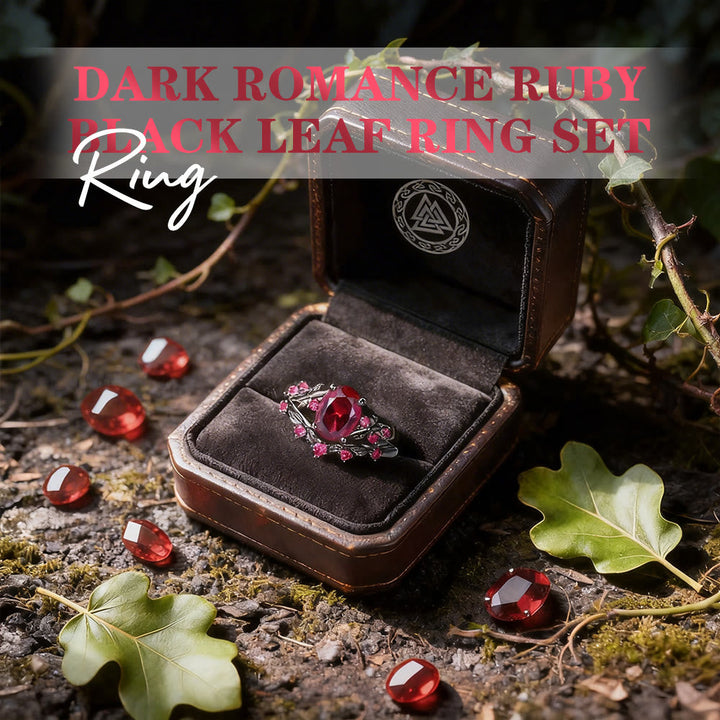 Dark Romance Ruby Black Leaf Ring Set