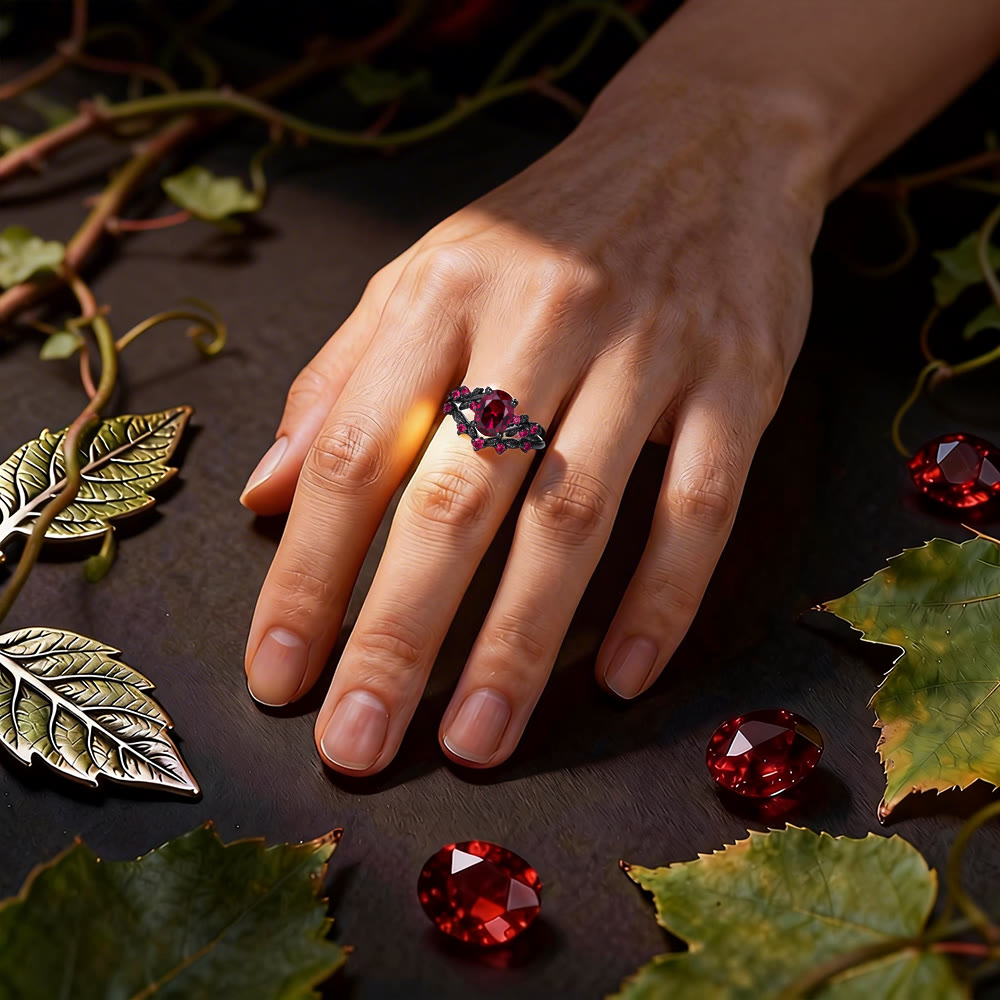 Dark Romance Ruby Black Leaf Ring Set