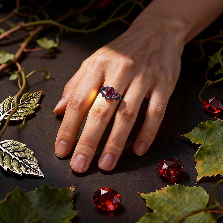 Dark Romance Ruby Black Leaf Ring Set