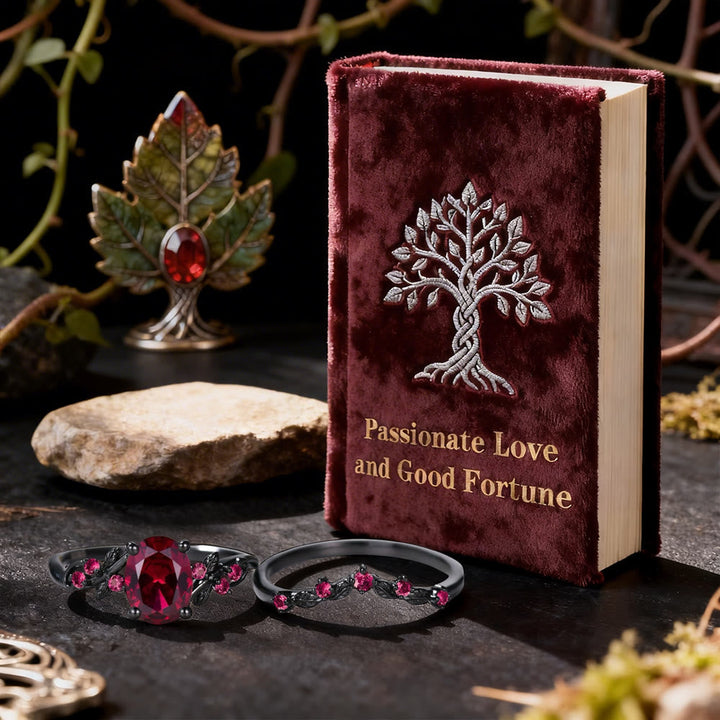 Dark Romance Ruby Black Leaf Ring Set