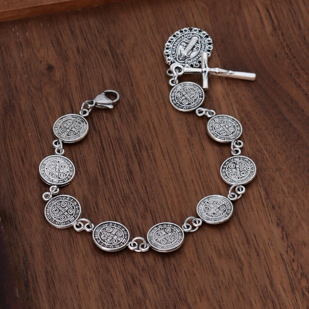 Christianartworkshop St. Benedict Medal Link Bracelet With Crucifix Pendant: Sacred Symbol Of Divine Protection