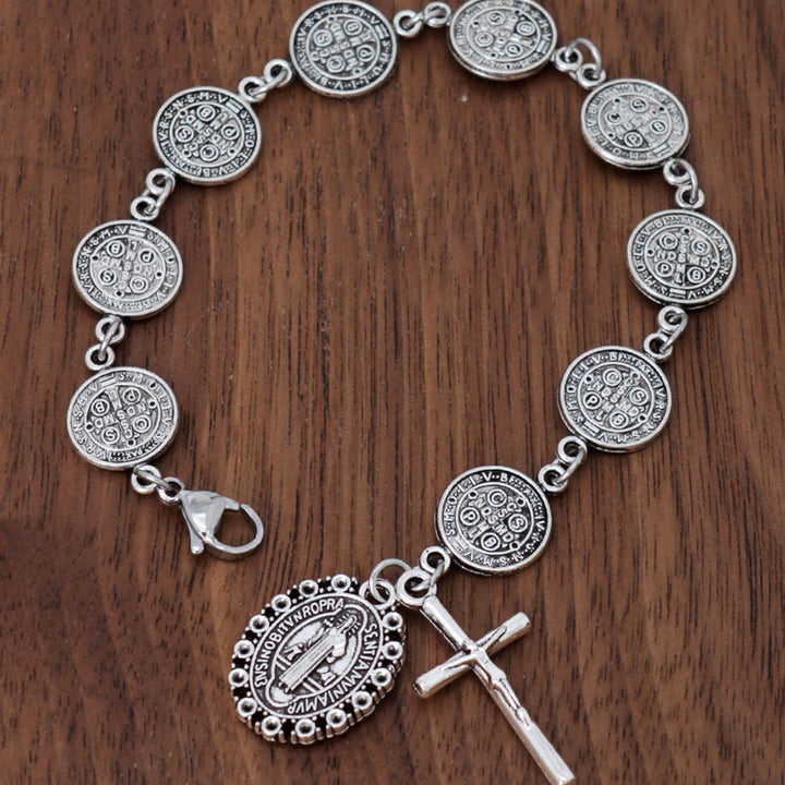 Christianartworkshop St. Benedict Medal Link Bracelet With Crucifix Pendant: Sacred Symbol Of Divine Protection