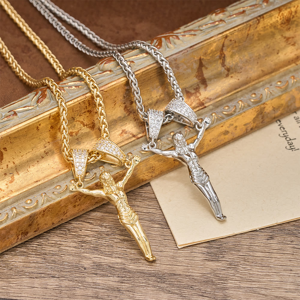 Christianartworkshop Zircon Embellished Moving Crucifix Necklace: Bold Statement Sacred Faith Wearable Art