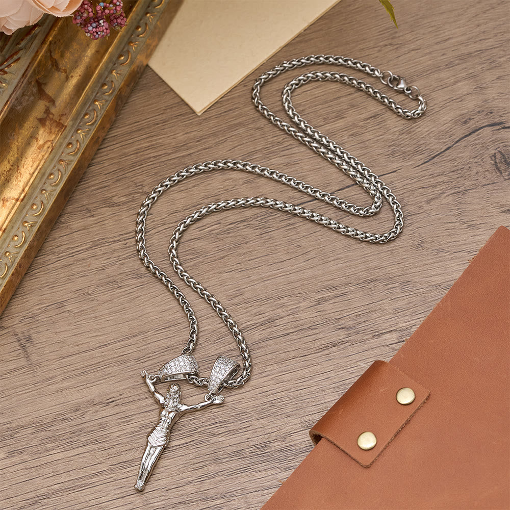 Christianartworkshop Zircon Embellished Moving Crucifix Necklace: Bold Statement Sacred Faith Wearable Art