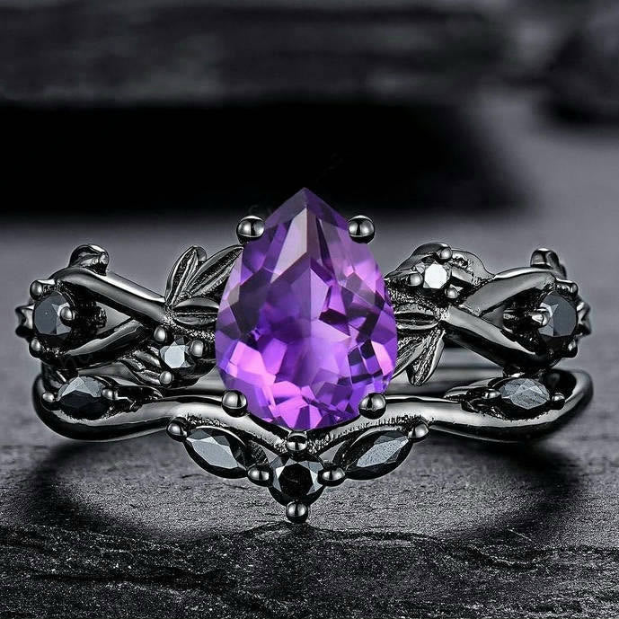 Heart of Yggdrasil Leaf Wrapped Amethyst Ring Set