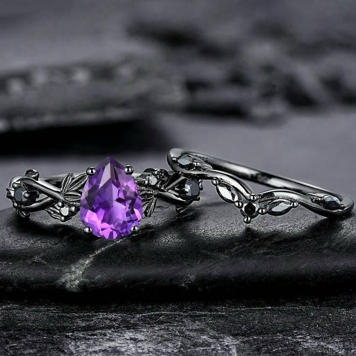Heart of Yggdrasil Leaf Wrapped Amethyst Ring Set