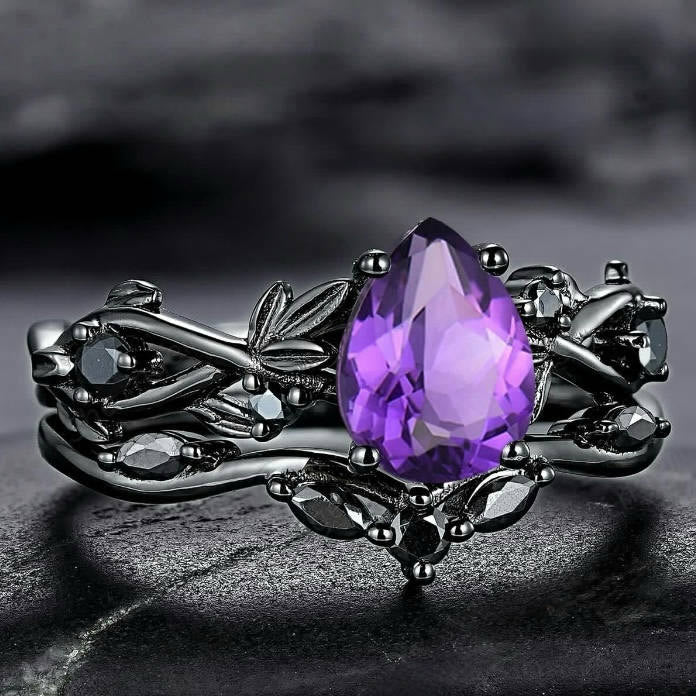 Heart of Yggdrasil Leaf Wrapped Amethyst Ring Set