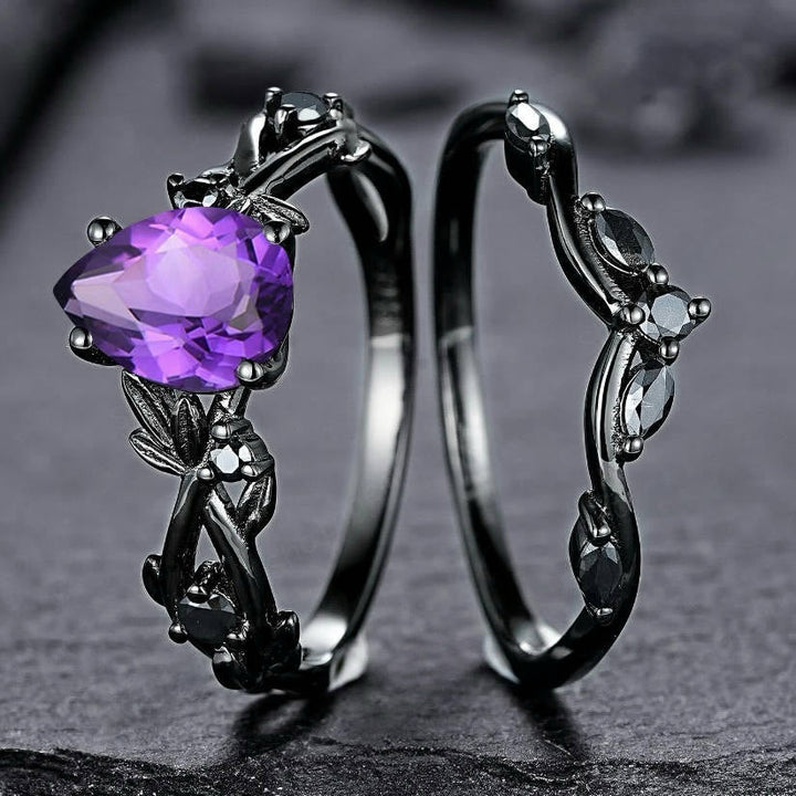 Heart of Yggdrasil Leaf Wrapped Amethyst Ring Set