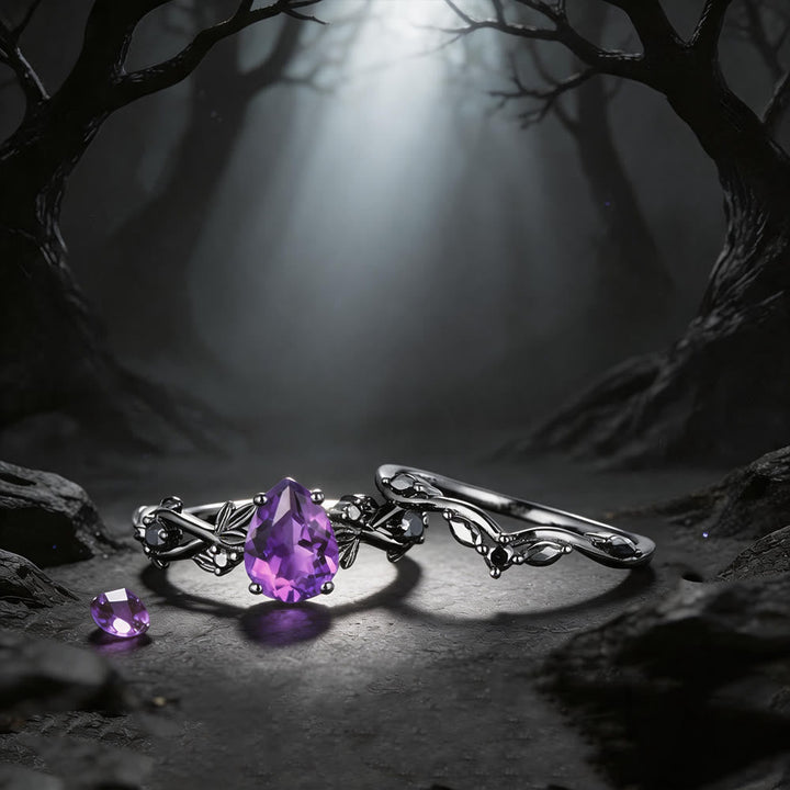 Heart of Yggdrasil Leaf Wrapped Amethyst Ring Set