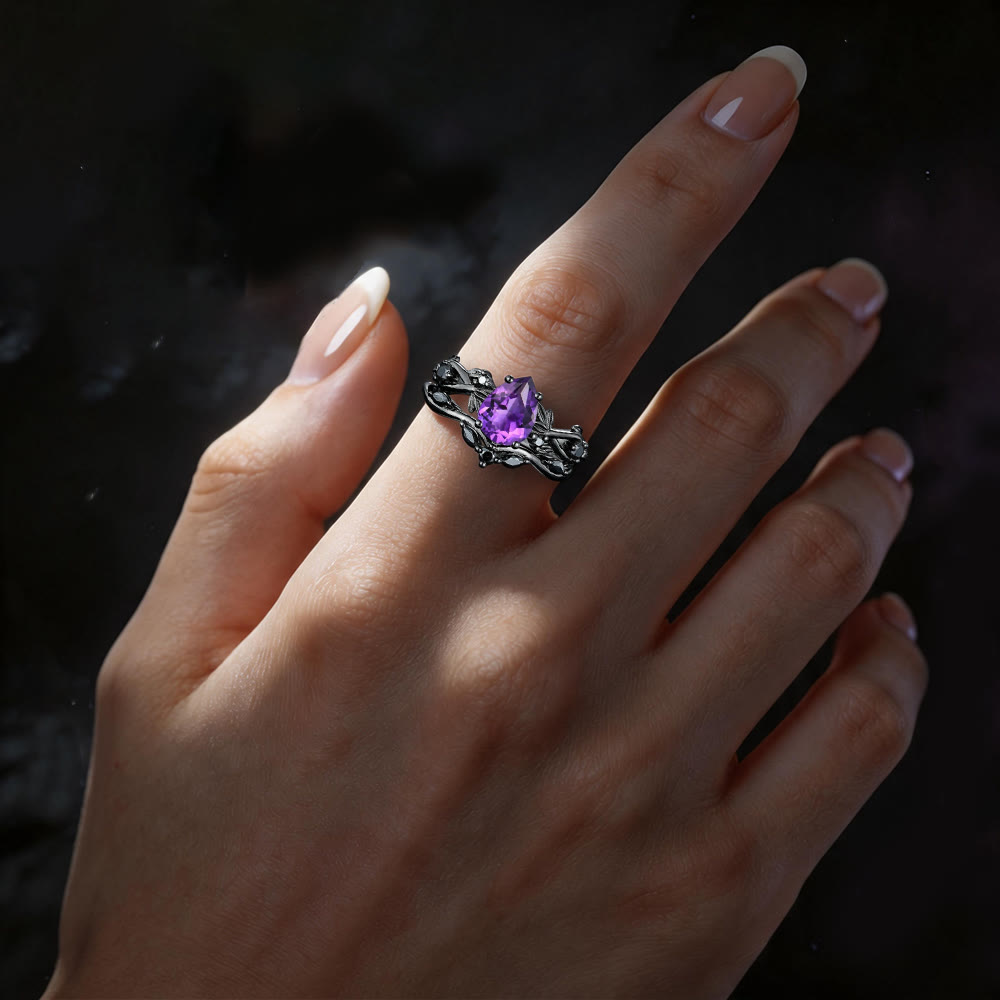 Heart of Yggdrasil Leaf Wrapped Amethyst Ring Set