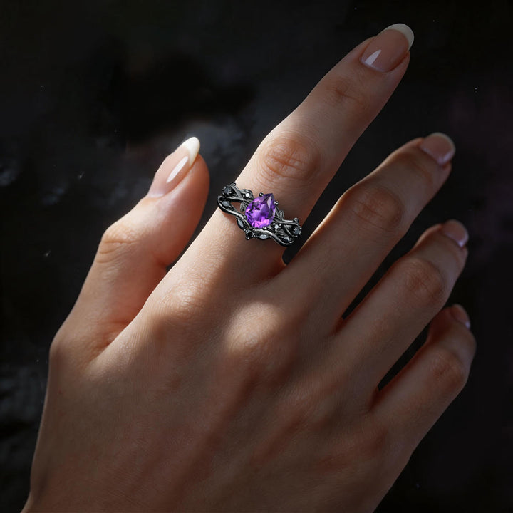 Heart of Yggdrasil Leaf Wrapped Amethyst Ring Set