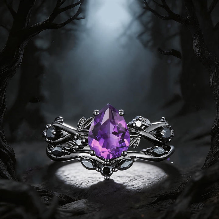 Heart of Yggdrasil Leaf Wrapped Amethyst Ring Set