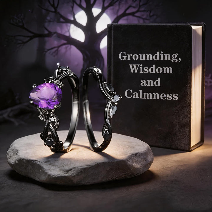 Heart of Yggdrasil Leaf Wrapped Amethyst Ring Set