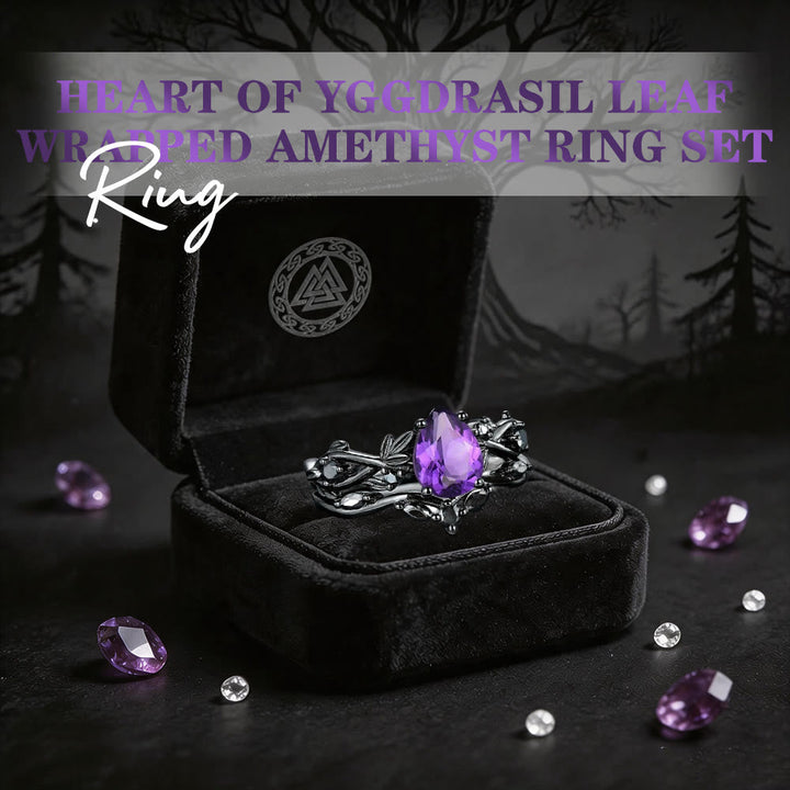 Heart of Yggdrasil Leaf Wrapped Amethyst Ring Set
