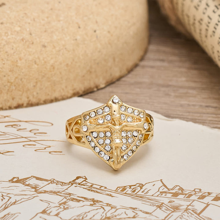 Christianartworkshop Shield-Shape Crucifix Signet Ring with Zircon Pavé: A Symbol of Faith and Divine Protection