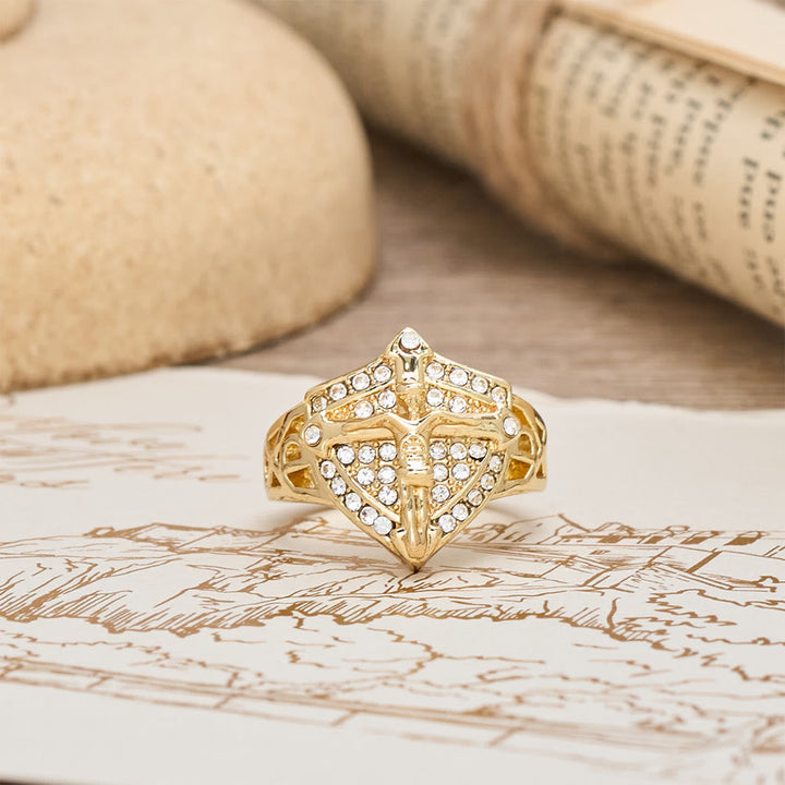 Christianartworkshop Shield-Shape Crucifix Signet Ring with Zircon Pavé: A Symbol of Faith and Divine Protection