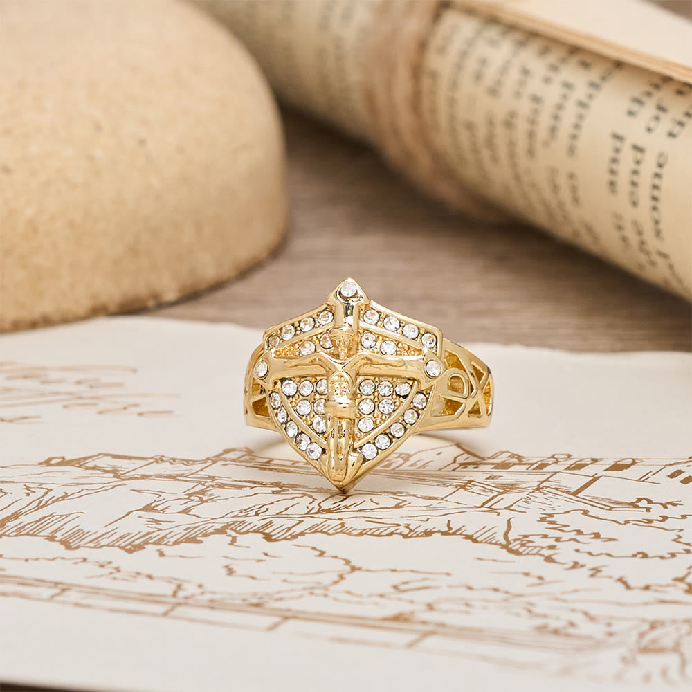 Christianartworkshop Shield-Shape Crucifix Signet Ring with Zircon Pavé: A Symbol of Faith and Divine Protection