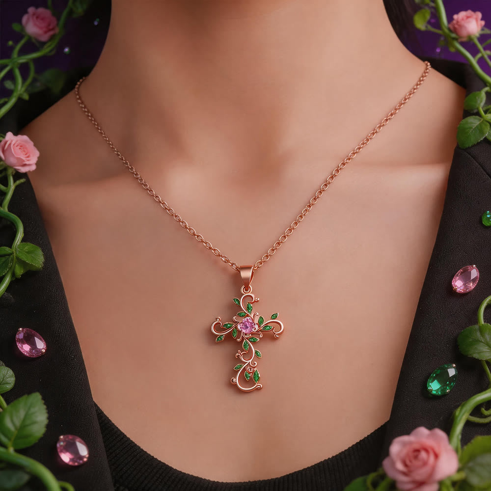 Gold Tone Vine Leaf Pink Gemstone Cross Necklace