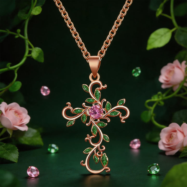 Gold Tone Vine Leaf Pink Gemstone Cross Necklace