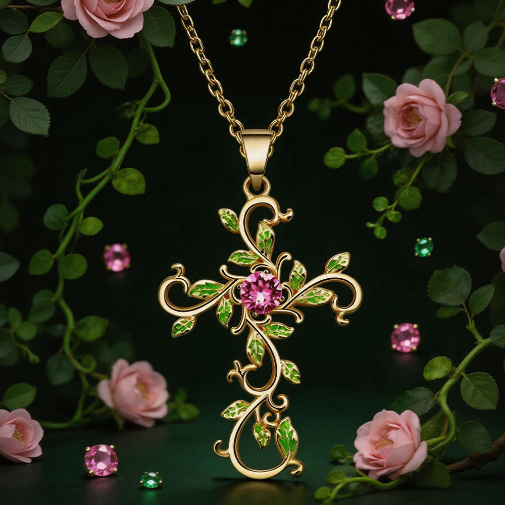Gold Tone Vine Leaf Pink Gemstone Cross Necklace