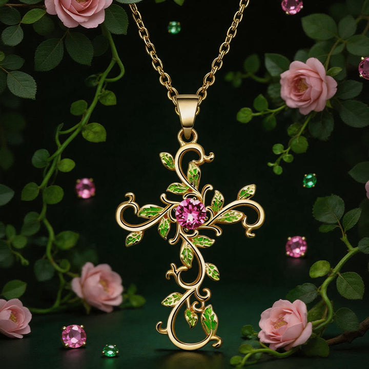 Gold Tone Vine Leaf Pink Gemstone Cross Necklace