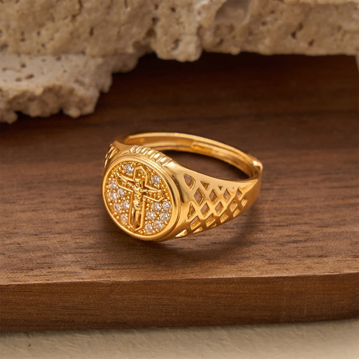 Christianartworkshop Oval Bezel Pave Zircon Crucifix Signet Ring with Lattice Hollow Band: A Symbol of Redemptive Sacred Grace