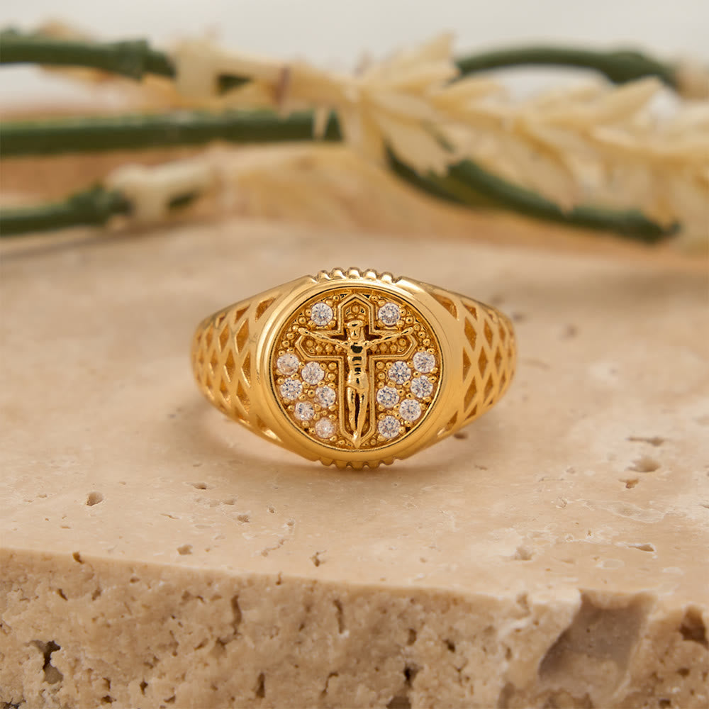Christianartworkshop Oval Bezel Pave Zircon Crucifix Signet Ring with Lattice Hollow Band: A Symbol of Redemptive Sacred Grace