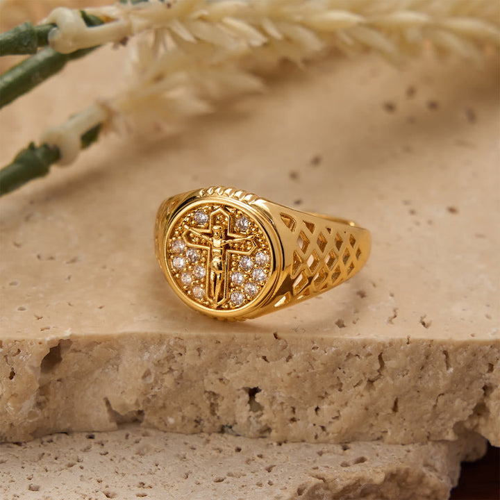 Christianartworkshop Oval Bezel Pave Zircon Crucifix Signet Ring with Lattice Hollow Band: A Symbol of Redemptive Sacred Grace