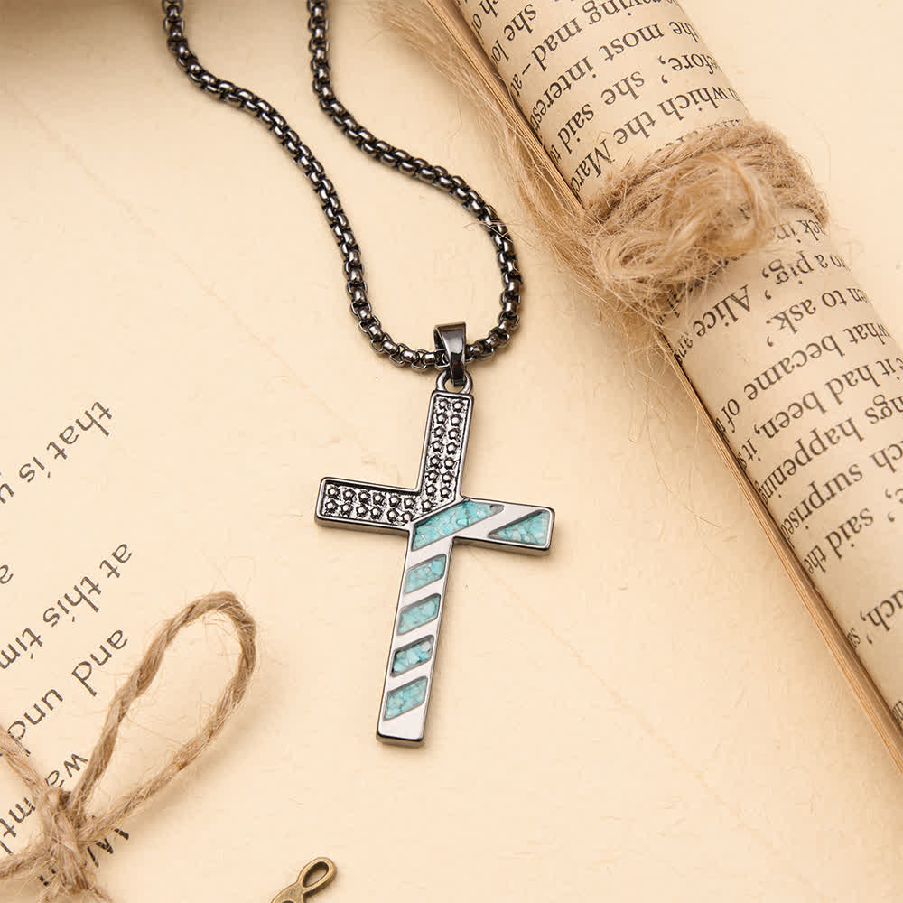 Christianartworkshop Stars & Stripes Patriotic Faith Cross Necklace with Crushed Turquoise Inlay