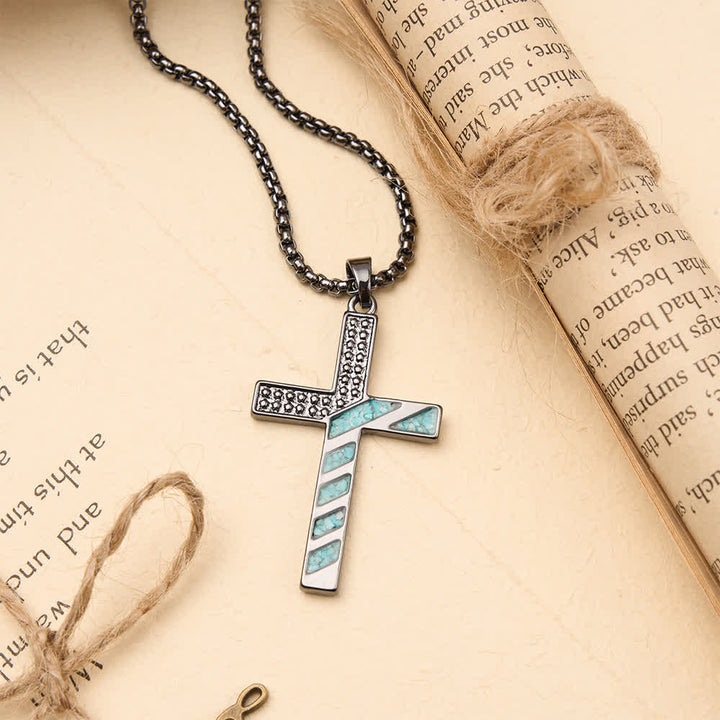 Christianartworkshop Stars & Stripes Patriotic Faith Cross Necklace with Crushed Turquoise Inlay