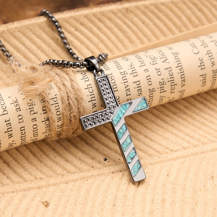 Christianartworkshop Stars & Stripes Patriotic Faith Cross Necklace with Crushed Turquoise Inlay