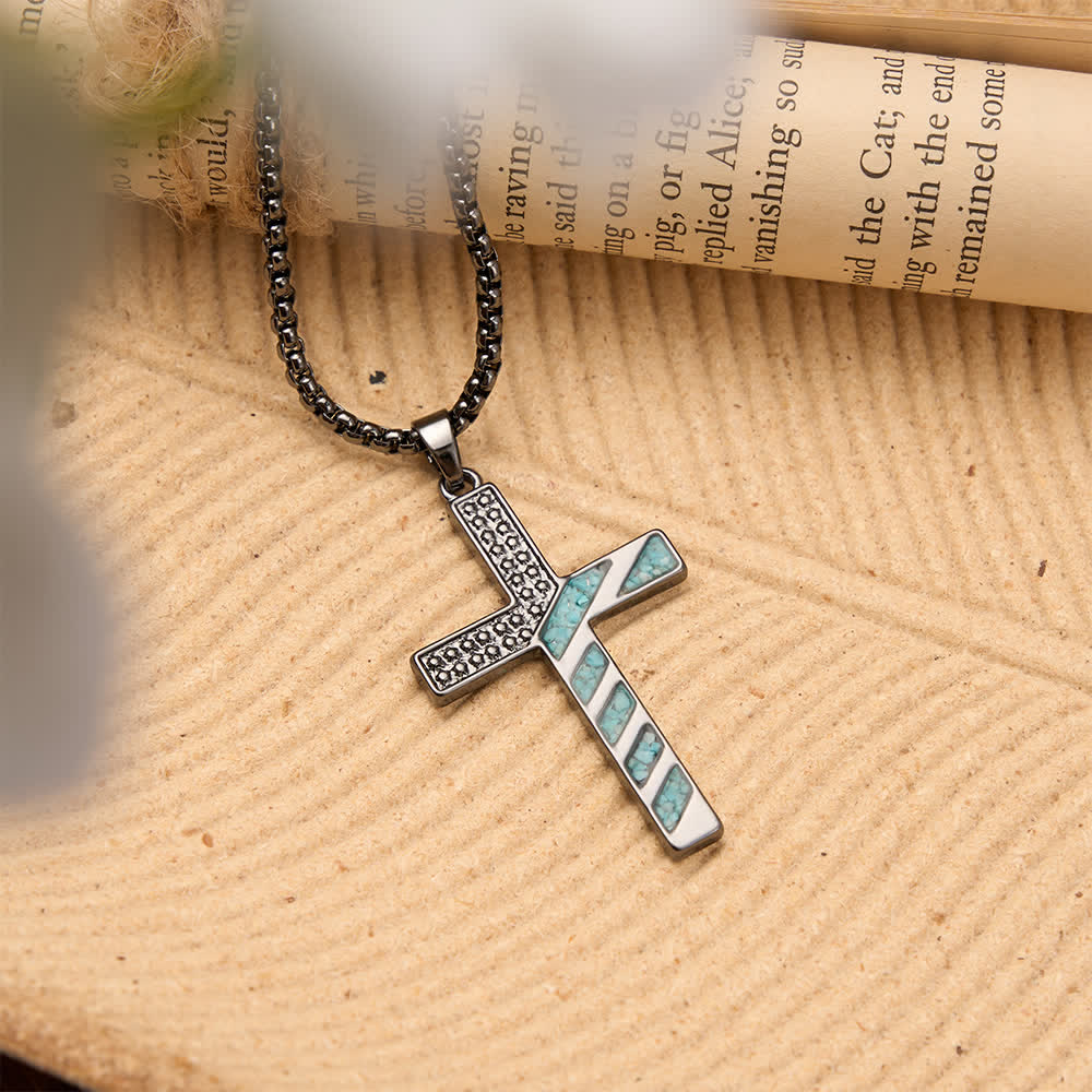 Christianartworkshop Stars & Stripes Patriotic Faith Cross Necklace with Crushed Turquoise Inlay