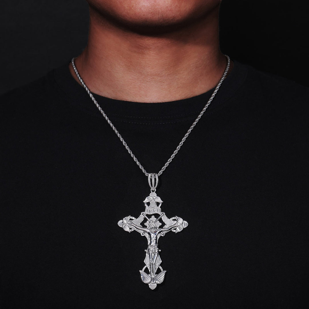 Christianartworkshop Detailed Carved Winged Crucifix Rope Chain Necklace: Graceful Token of Gentle Heavenly Mercy