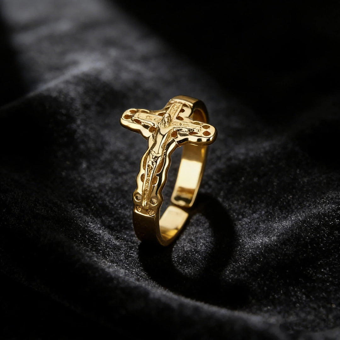 Christianartworkshop Hollow Outline Crucifix Adjustable Open Ring: Personalized Emblem of Steadfast Heavenly Faith