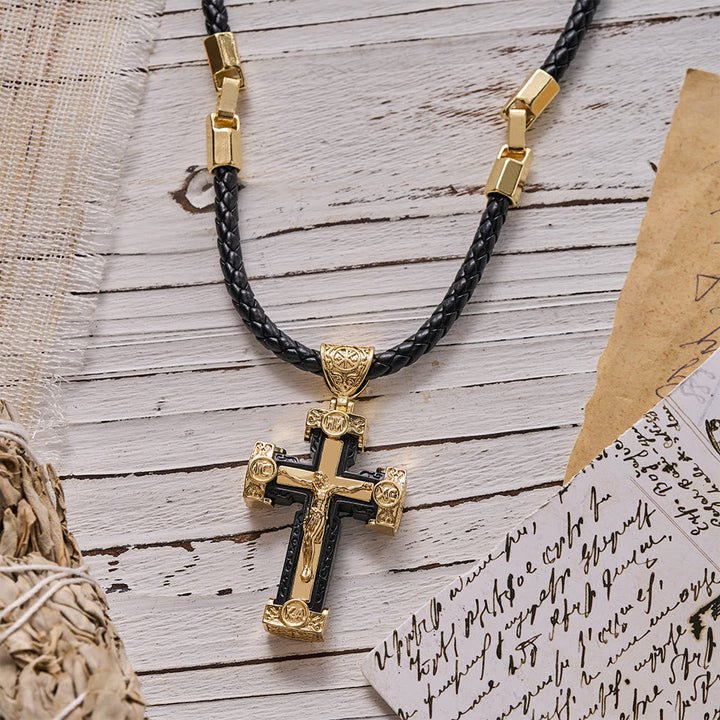 Christianartworkshop Luxury Style Crucifix Jesus Cross Black-gold Alloy Pendant Necklace